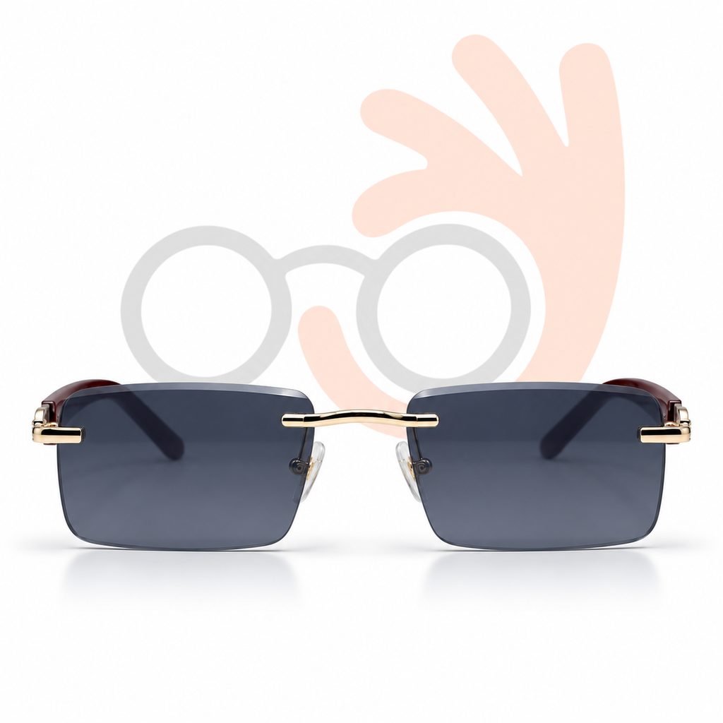 Rimless Wood-Grain Temple Sunglasses M-2577