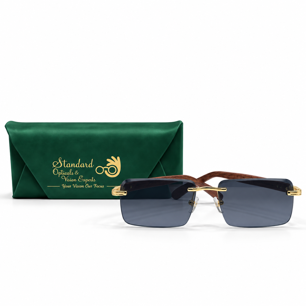 Rimless Wood-Grain Temple Sunglasses M-2577